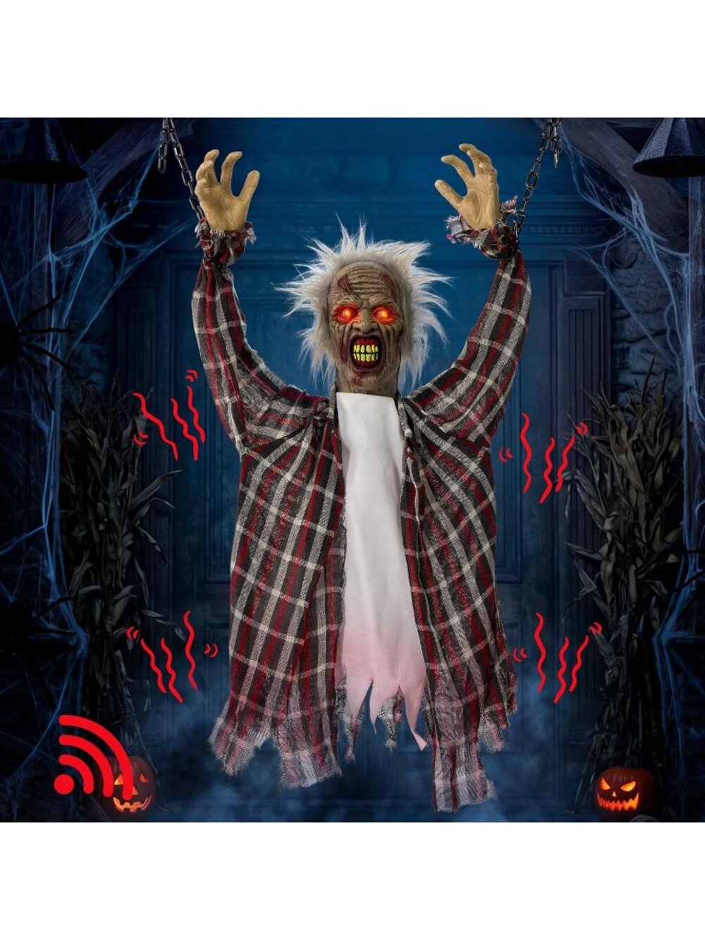 3.6FT Halloween Animatronic Hanging Imprisoned Zombie Sound Activated Shaking